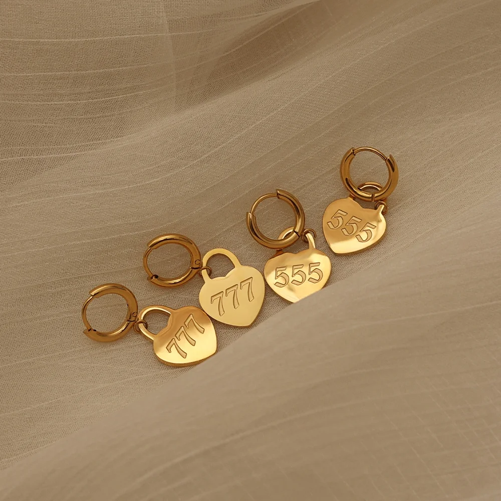 Trendy Stainless Steel 111-999 Lucky Number Heart Earrings Jewelry Bulk Wholesale Waterproof Tiny Heart Angel Number Earring