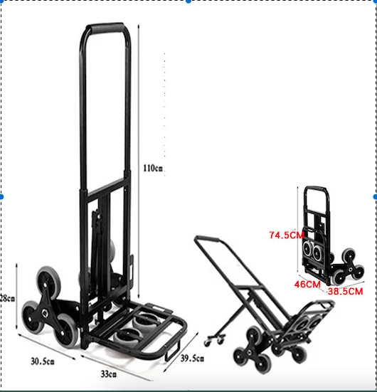 Stair Climber Hand Truck Heavy Duty Stair Climbing Folding Handcart 6 Wheels & 2 Backup Adjustable Handle Dolly Cart Trolley