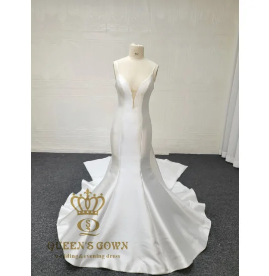 QUEENS GOWN simple elegant white satin wedding dress spaghetti strap deep v-neck mermaid wedding dresses