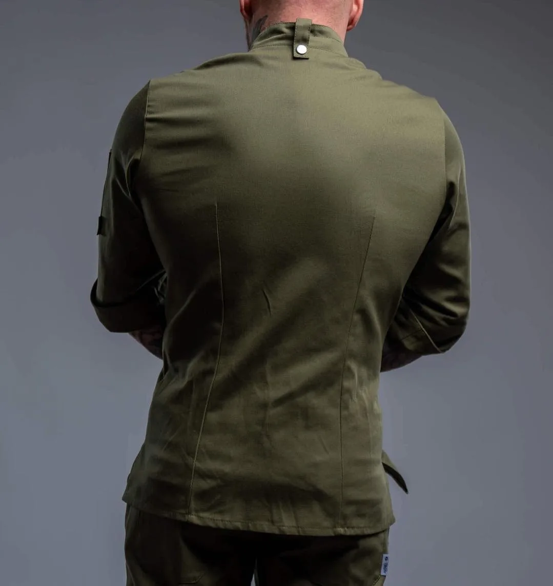 Army Green Cafe Bar Wait Staff Uniforms Custom Logo Printing Waiter Workwear Uniform Restaurant Waiter and Waitress Uniform