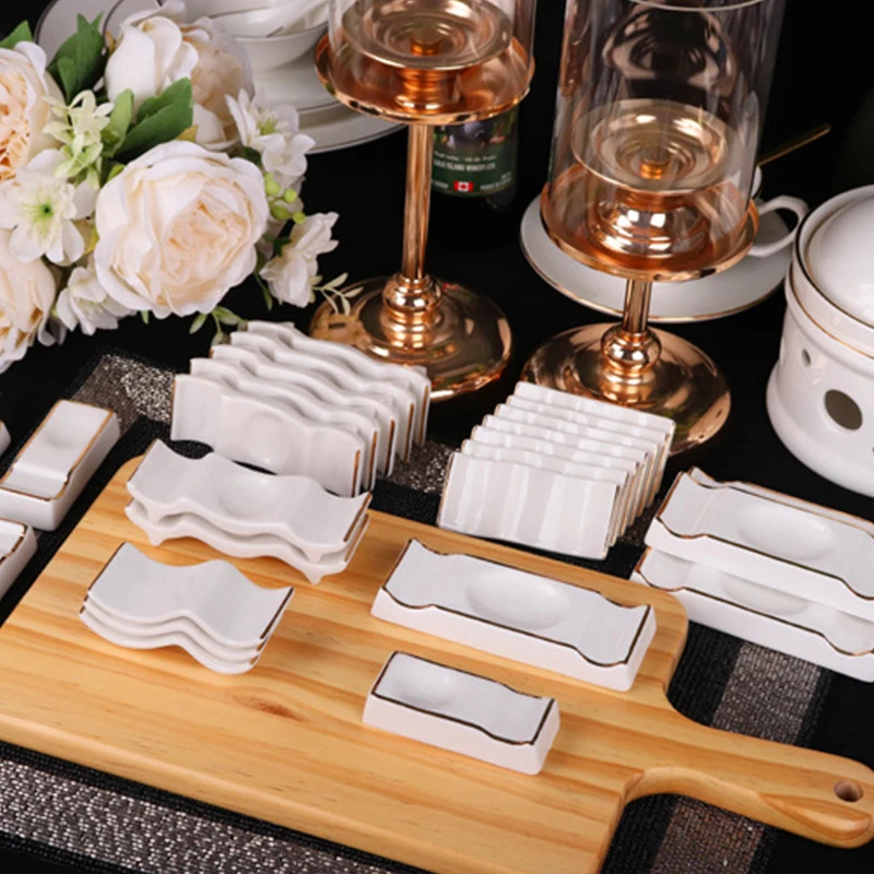 Factory Bulk Porcelain Bone China Chopsticks Rest White Gold Rim Ceramic Small Soy Sauce Dish Serving Tableware