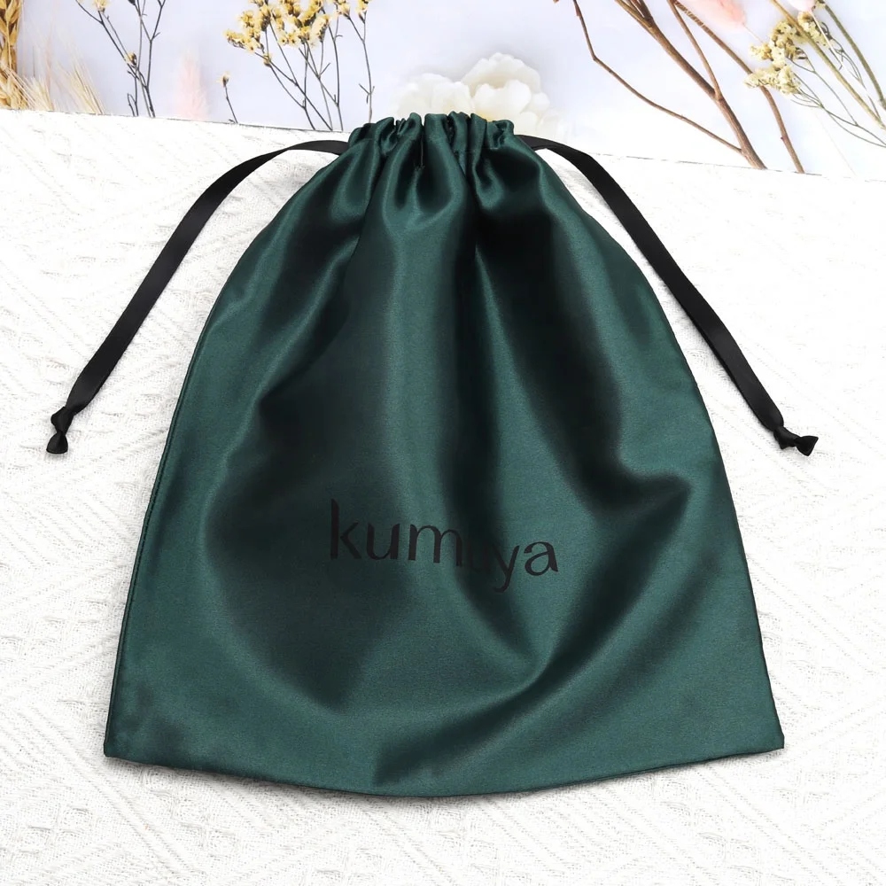 Custom Logo Printed Luxury Green Satin Handbag Shoe Hair Bundle Storage Bag High Quality Drawstring Silk Pouch Satin Dust Bag