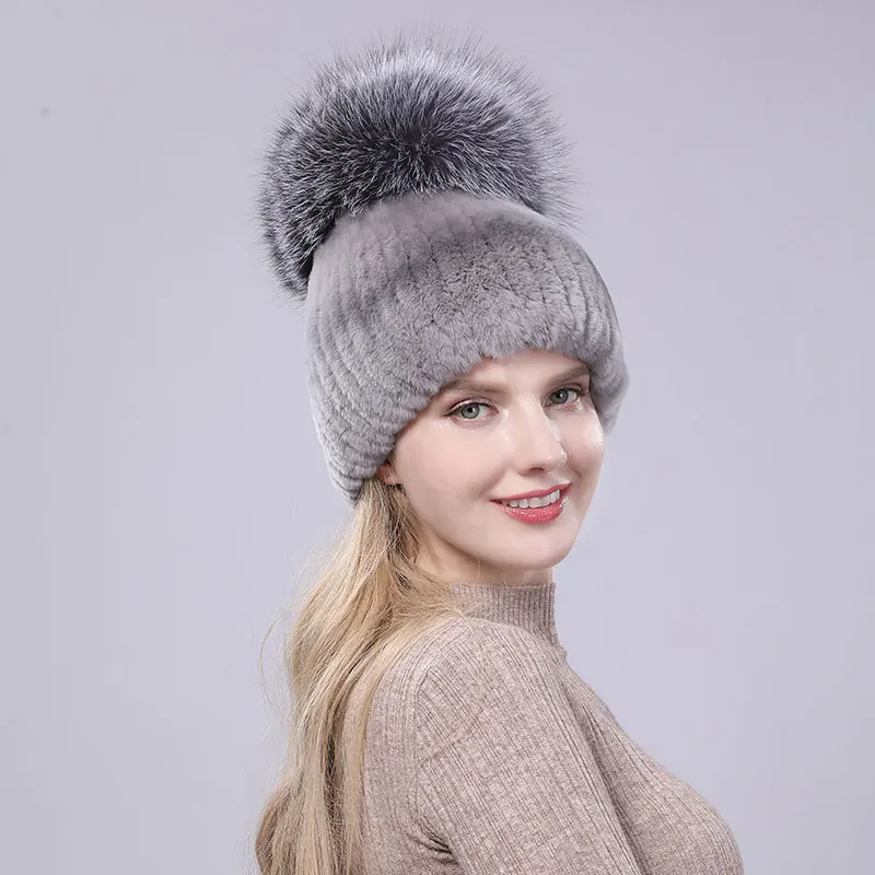 High Quality Hand-Stitched Rex Rabbit Fur Hat With Silver Fox Fur Ball