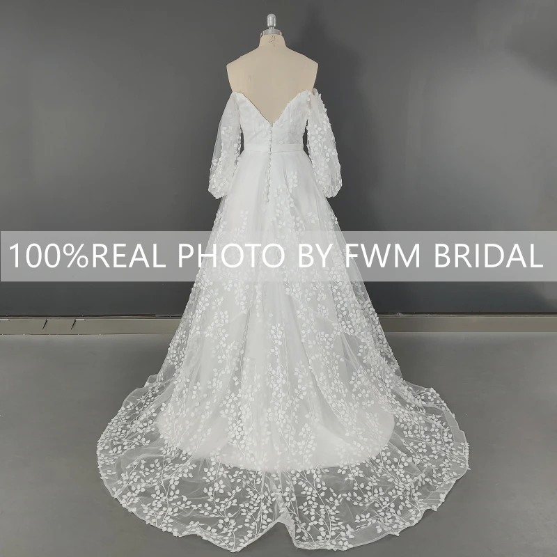 8715# Real Photos Puffy Sleeves Low Back A-line Floral Lace Wedding Dress Bridal Gown For Women Engagement Party Dresses
