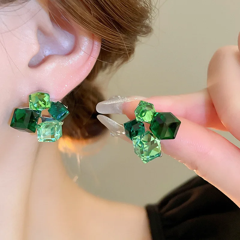 Square green crystal stitching earrings Sen high style all-in-one earrings