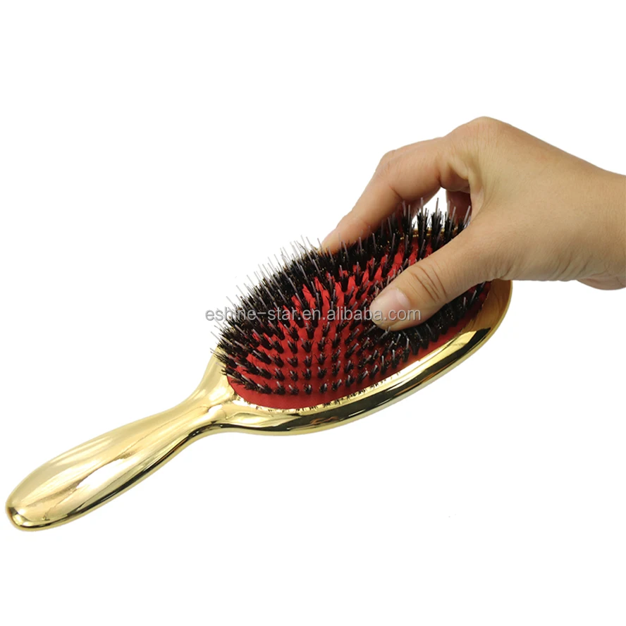 Custom Logo Rose Gold Color Electroplated Boar Bristle Glossy Hair Brush Extension Hair Brush