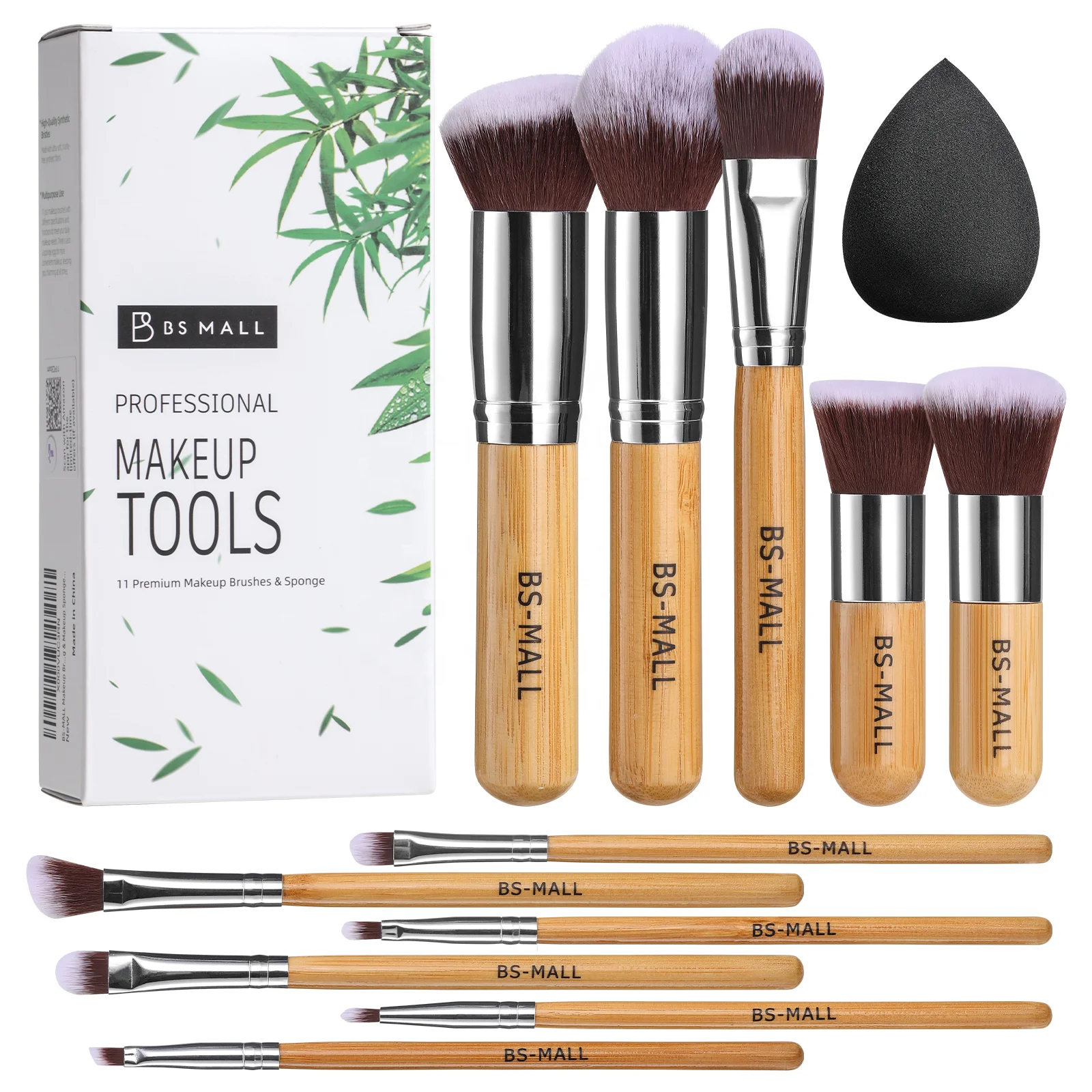 BS-MALL 11PCS Vegan Bamboo Brushes Makeup Private Label Eco-Friendly Synthetic Face Cosmetic Make up Brushes Makeup Sponge Set