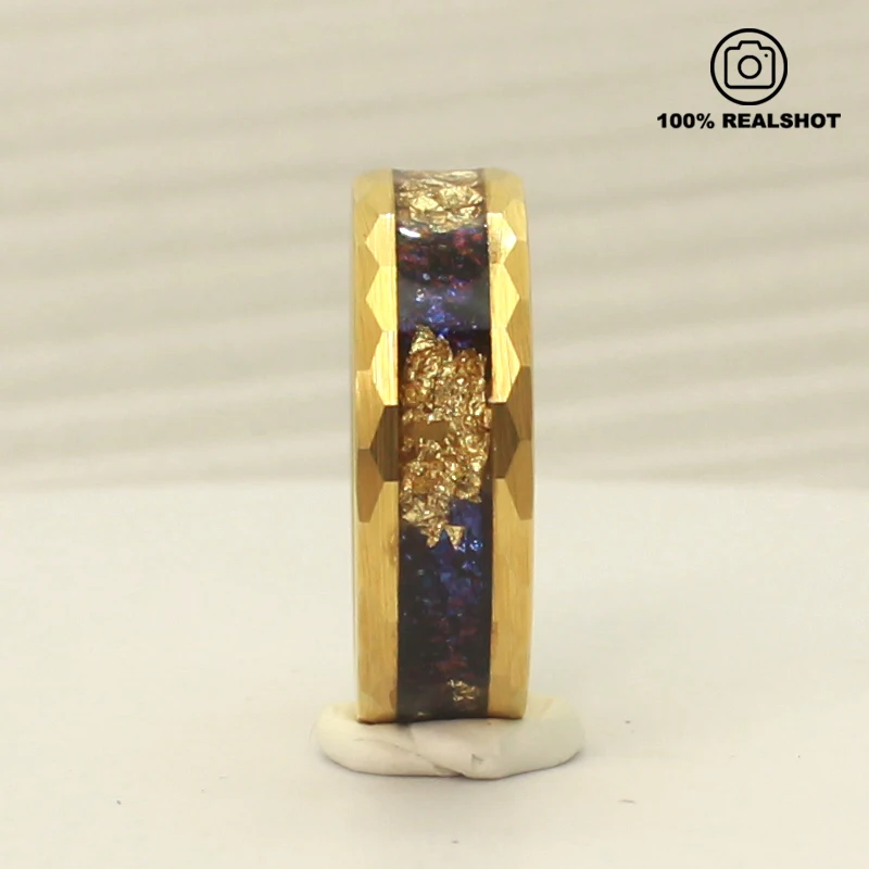 Unisex 8mm Tungsten Hammer Faceted Ring 18K Gold Plated Purple Foil Classic Elegant Design Engagement Anniversary Party Gift