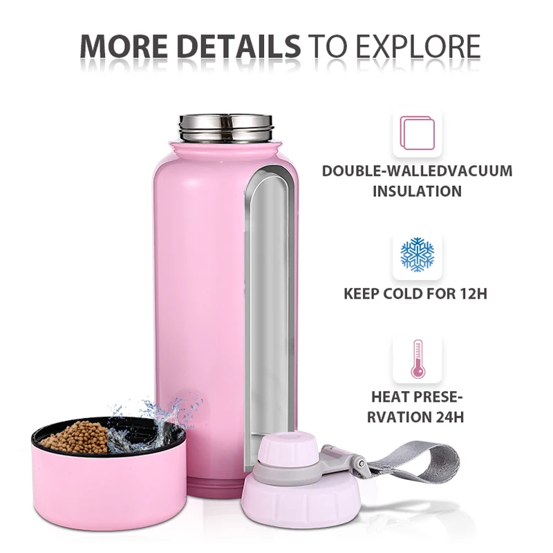 Everich Two Part Vacuum Insulated Multi-functional Stainless Steel Water Bottle With Removable Bottom Storage Plastic Bowl