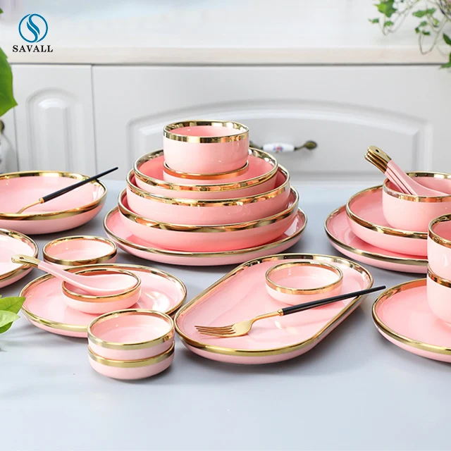 Savall HoReCa OEM luxury Gold Rim Round Porcelain Dinner sets porcelain dinner sets bone china dinner tableware sets crockery