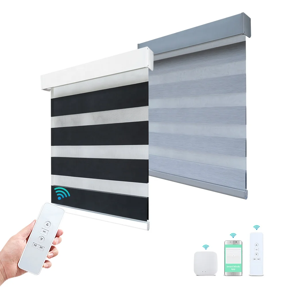 Customized Size Smart WiFi Google Control Screen Fabric Automatic Battery Operated Motorized Zebra Blinds For Home Or Office