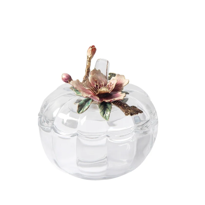 NOSHMAN Wholesale Best Gift Handmade painted Flower Lid Household Goods Sugar Nut Bowl Enamel Crystal Glass Candy Jar