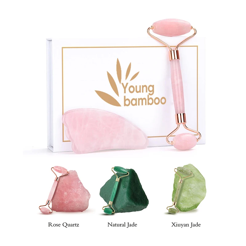 2021 new natural skin care oem luxury packaging massage facial face pink quartz jade roller and gua sha