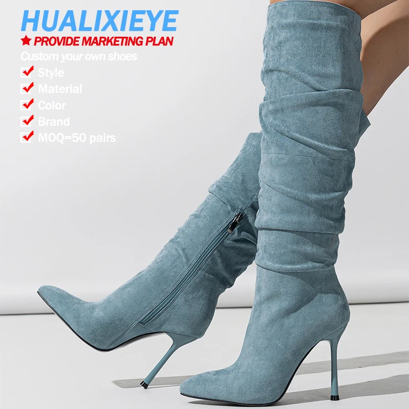 Sexy Point Toe Wide Shaft Stiletto Heels Women cowgirls Blue Faux Suede Fashion Winter Ruched Knee High Boots