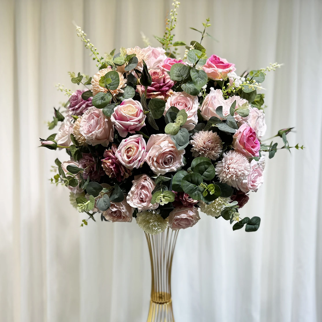 Wholesale Rose Silk Floral Ball Faux Flower Balls Plastic Base for Event Table Arrangement Party Home Room Decor