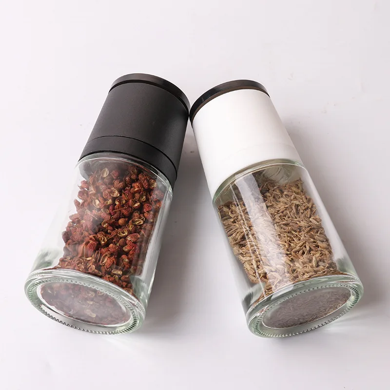 Refillable 140ml Salt and Pepper Spice Glass Bottle Grinder Manual Glass Grinder Bottle With  Black and White Lids