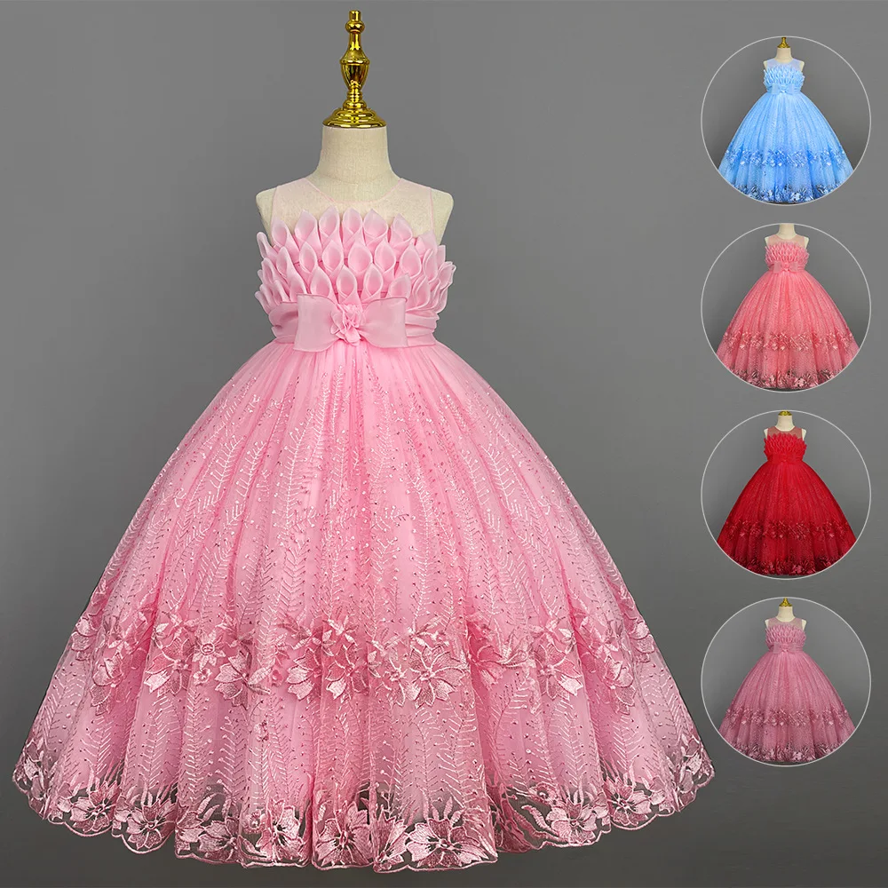 Elegant Princess Lace Dress KidsFlower Girls Dresses For Girls Vintage Children Dresses for Christmas Party Red Ball Gown