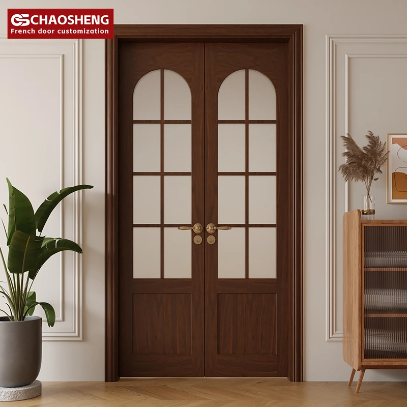 Interior arc arch glass swing door solid wood paint French study pair double-door