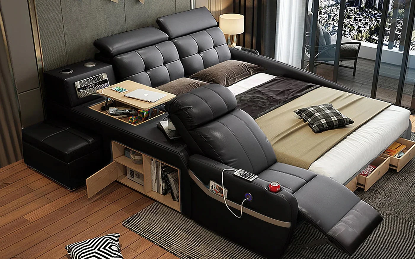 Modern design multifunctional massage bedroom furniture genuine leather smart bed with music