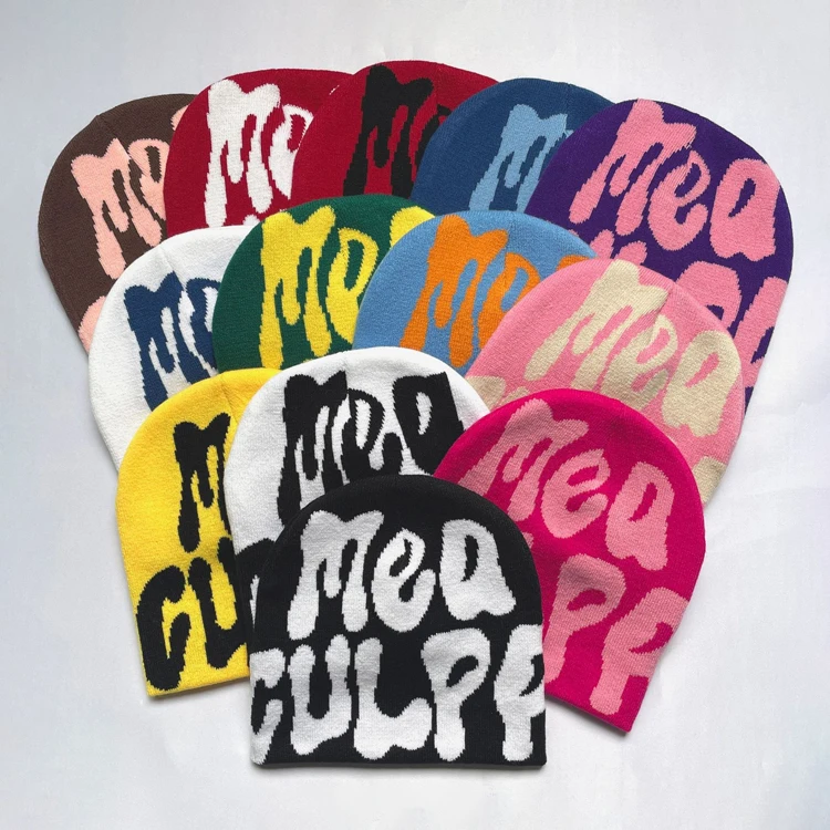 Fashion Designer All Over Print Embossed Acrylic Unisex Jaquards Knitted Beanie Hats Custom Logo Winter Cap Hat