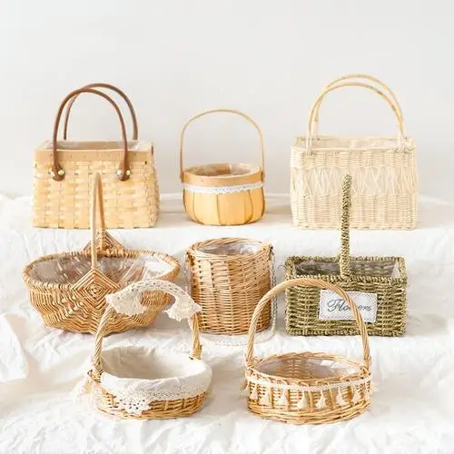 Hand-woven Wicker Purses Handbag Basket Purse Retro Summer Women Wicker Handbags Natural Storage Boxes & Bins Metal Iron Single