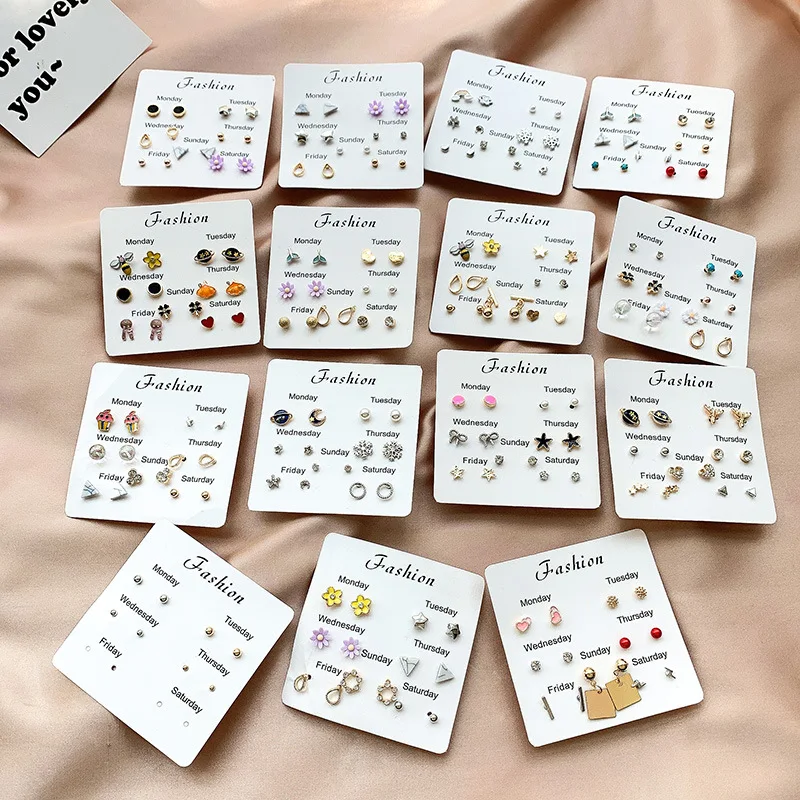 Cross-border Korean version of small stud earrings students simple cute week earrings set plated 925 accessories
