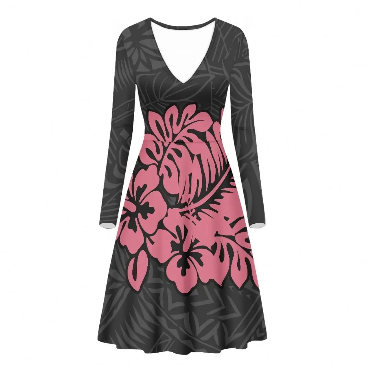 Elegant Casual Long Sleeve V-neck Dress Polynesian Tattoo Totem Hibiscus Print Leave Print Custom Holiday Dresses For Women