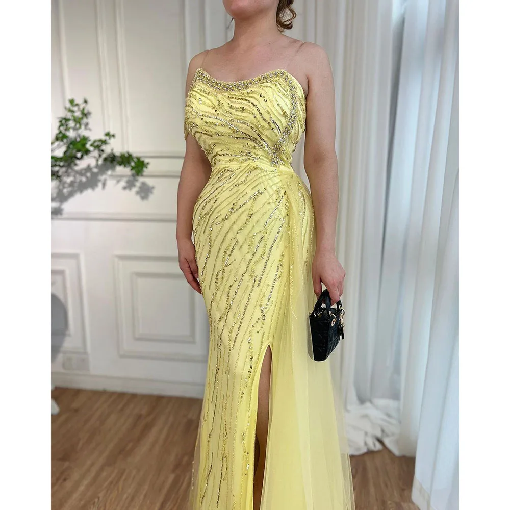 Yellow Mermaid Sexy Leg Open Beaded Evening Gowns 2023 Serene Hill LA71979 Formal Party Dresses For Women