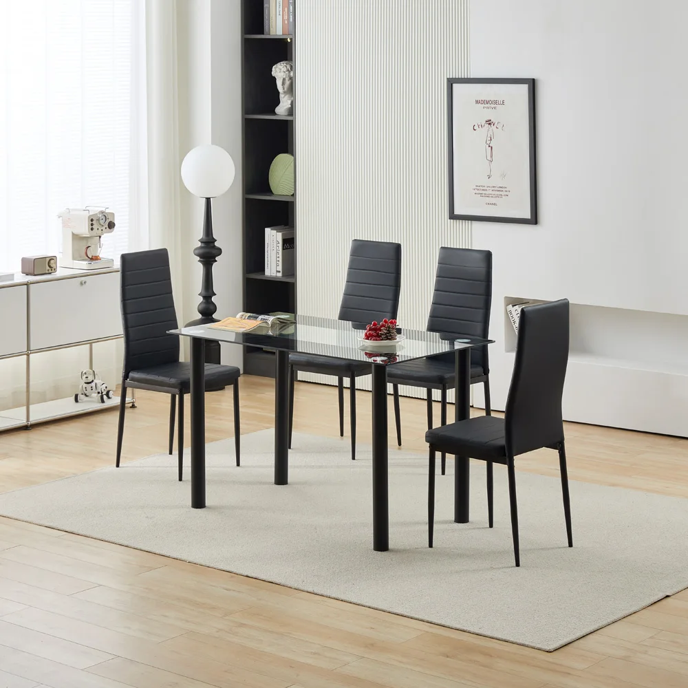 Modern Tempered Glass Black Dining Table Simple Rectangular Metal Table Legs Living Room Kitchen Table For 4 or 6 chairs