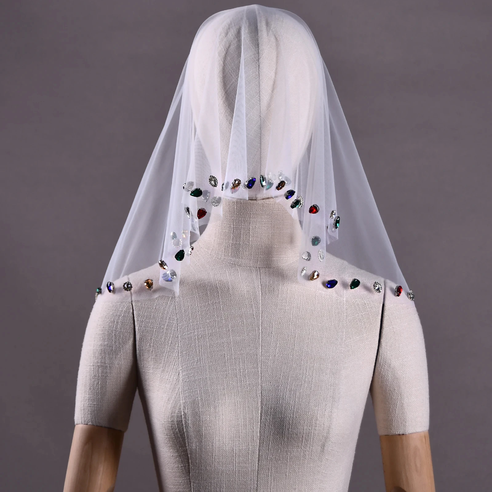 LUOXIN Sparking Colored Stone Wedding Veil Short Bridal Detachable Blusher Veil Cover Face Bridal Veil