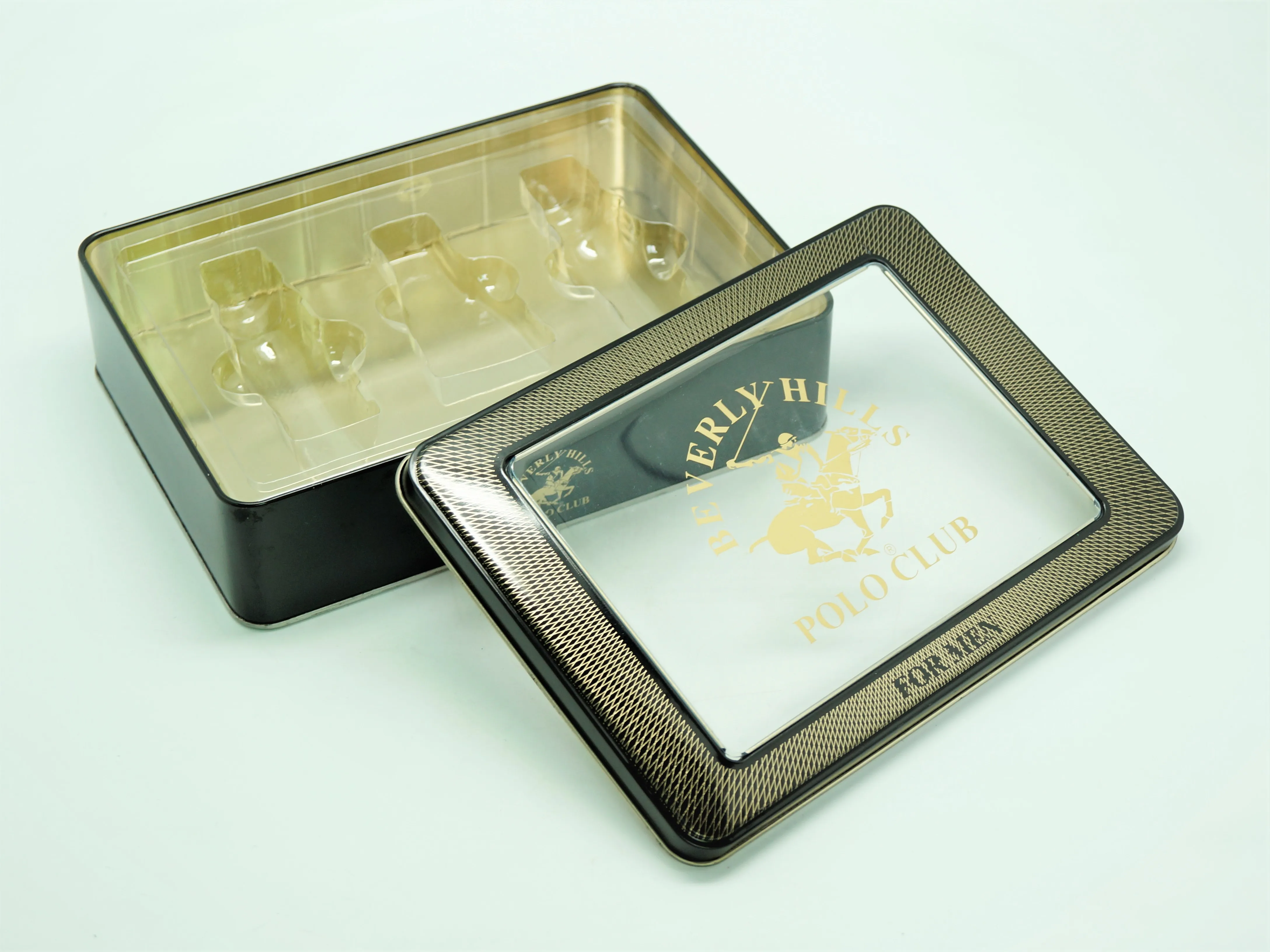 Customized black rectangle metal tin box with transparent window