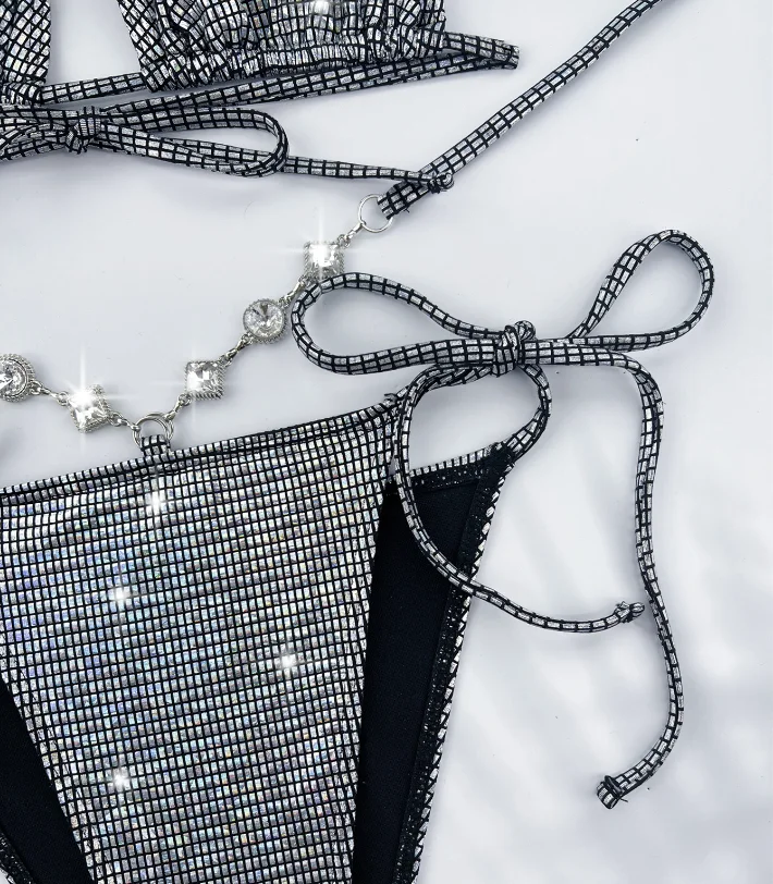 New STOCK Ties Details Metallic Beachwear Jewel Bikini Set Women Holographic Mini Swimsuit