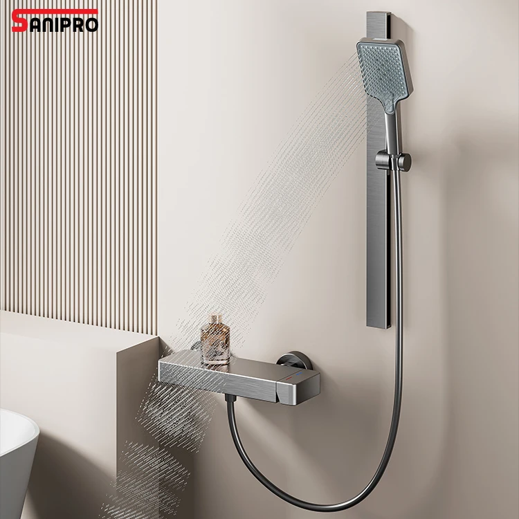 SANIPRO New Wall Mounted Bathroom Bathtub Hot and Cold Water Mixer Luxury Space Aluminum Hand Shower Set with Sliding Bar