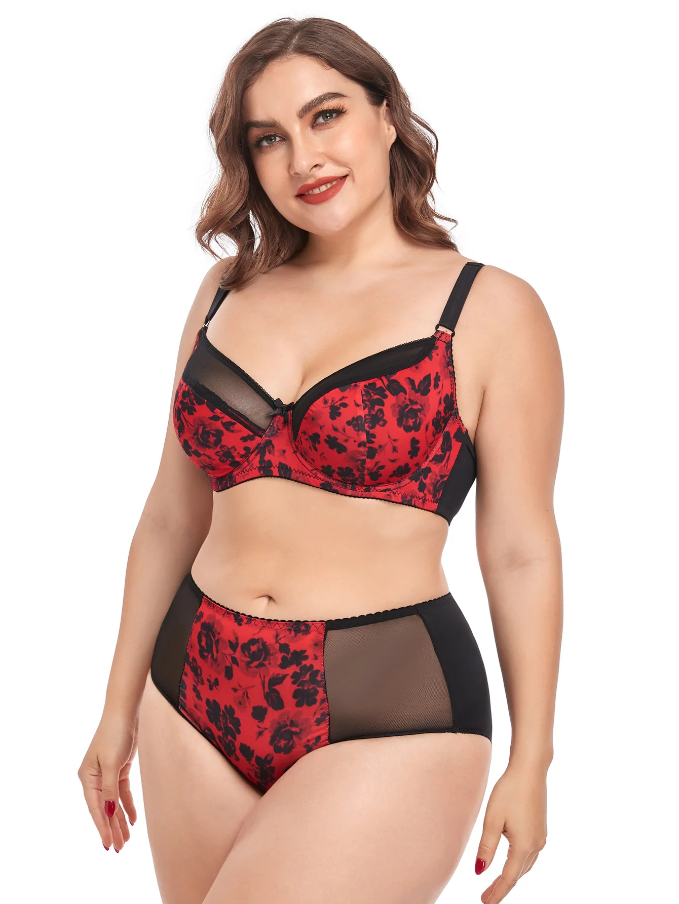 Women Underwear Plus Size Bra Set And Panties Push Up Underwire Printed Bra Ultra-thin Full Cover Cup Large  Bra