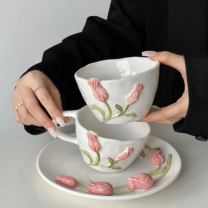 French Style Relief Ceramic Tulip Pattern Coffee Cups And Dessert Plate Set Milk Glass Coffee Mug