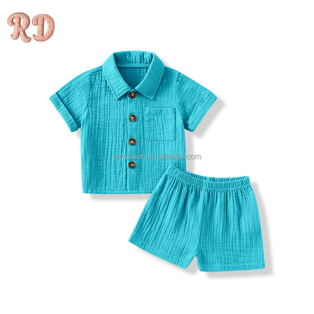 Yiwu Ruidian Kids Custom Wholesale High Quality Cotton Muslin Breathable Cotton Linen Shirt Sets Toddler Boys Clothing Girls Set