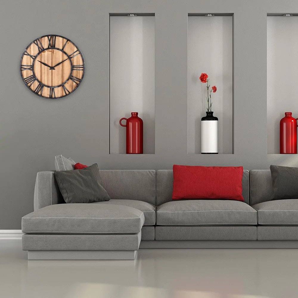 American Solid Wood Circular Iron Art Wall Clock Silent Home Antique Style for Dining Room
