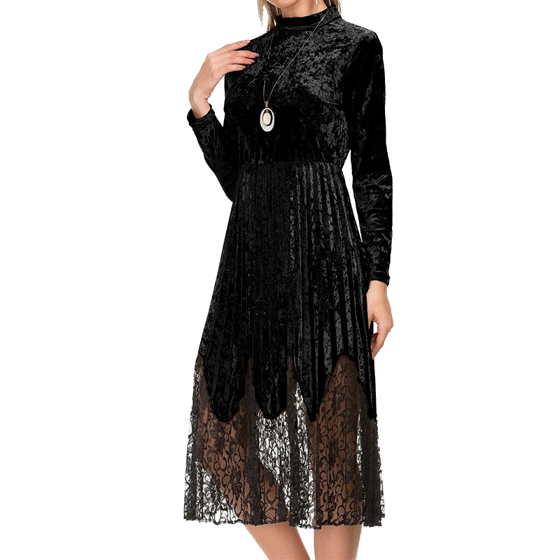 
Latest design OEM service elegant full long sleeve winter prom party women velvet lace dress 