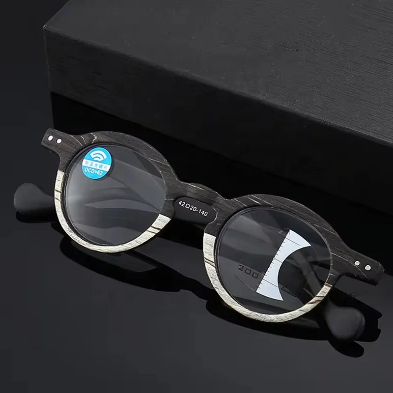 3 in 1 Progressive Multifocal Reading Glasses Plastic Wood Grain Computer Presbyopic Glasses