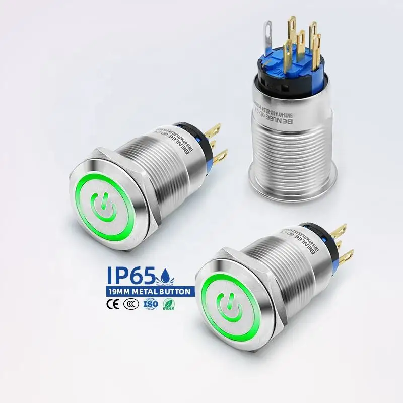 BENLEE Stainless Steel Metal Small Mini 12V On/Off Power Symbol Light 19mm Momentary Waterproof Latching Push Button Switches