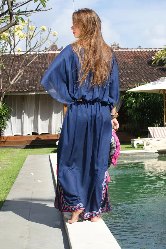 New Fashion Design Bohemian Clothing Manufacturer Girl Dress American Hot Sale Embroider Empire Waist Tunic Navy Color Long Dre