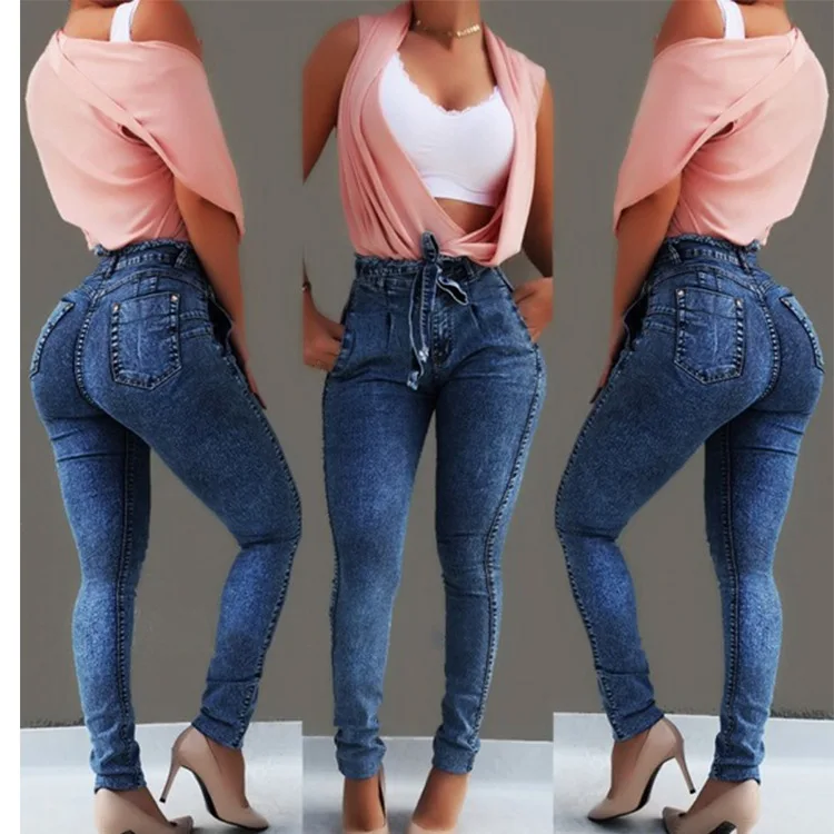YQY692 Best-Selling Denim Jeans Pants Slim Fit Elastic High Waist Jeans Pants For Women With Tassel Belt