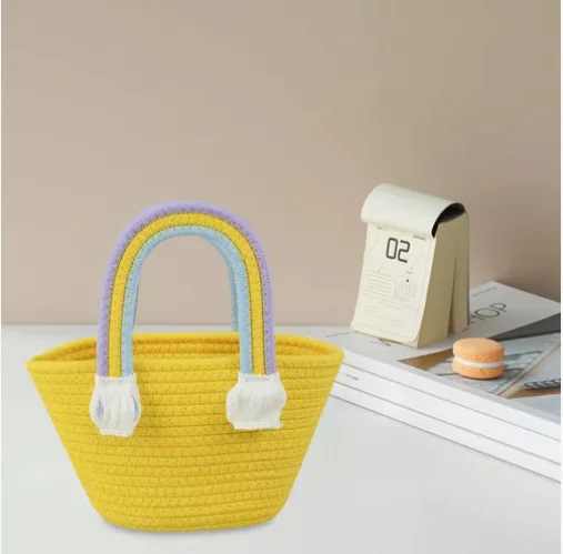Durable Colorful Cotton Rope Woven Handbag Portable Capacity Tote Beach Straw Bag