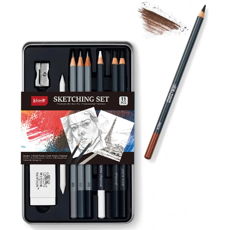 2024 best sale OEM professional sale tin box 12pcs sketch  art suppliers charcoal sketch kit set pen  pencil set