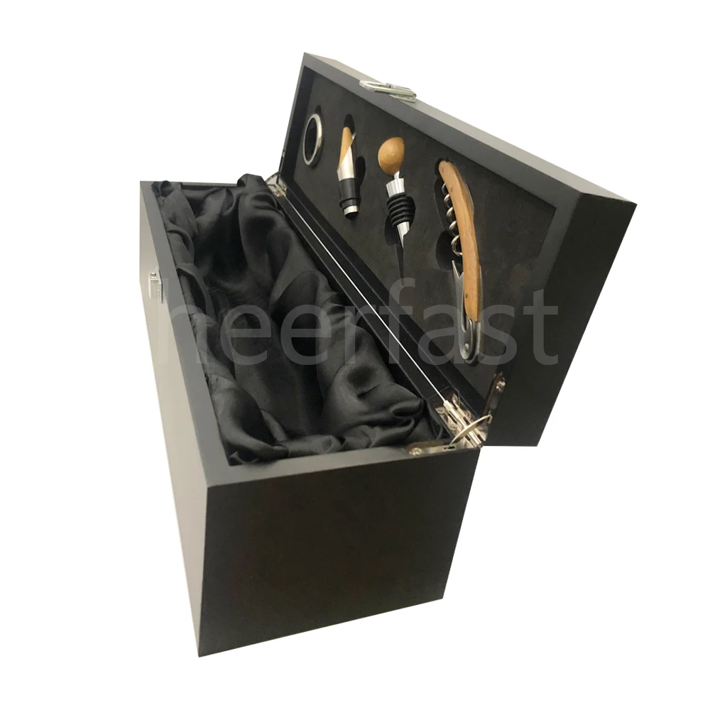 Самая популярная 4 шт. вина инструменты аксессуары и красное вино подарочная упаковка внутри черный MDF деревянная одиночная коробка для бутылки вина