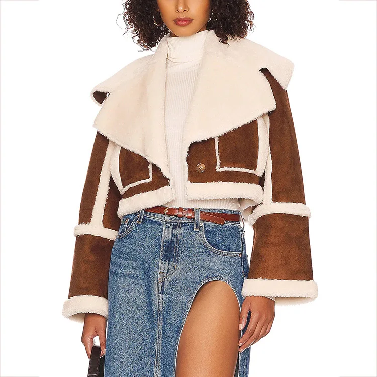 Custom Winter Women Casual High Quality Motorcycle Jacket Faux Fur Suede Crop Coat
