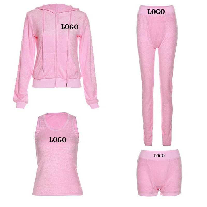 Fall terry toweling zip up 3 pieces women sweat suit velour Running loungewear Training Hoodies custom tracksuit high quality