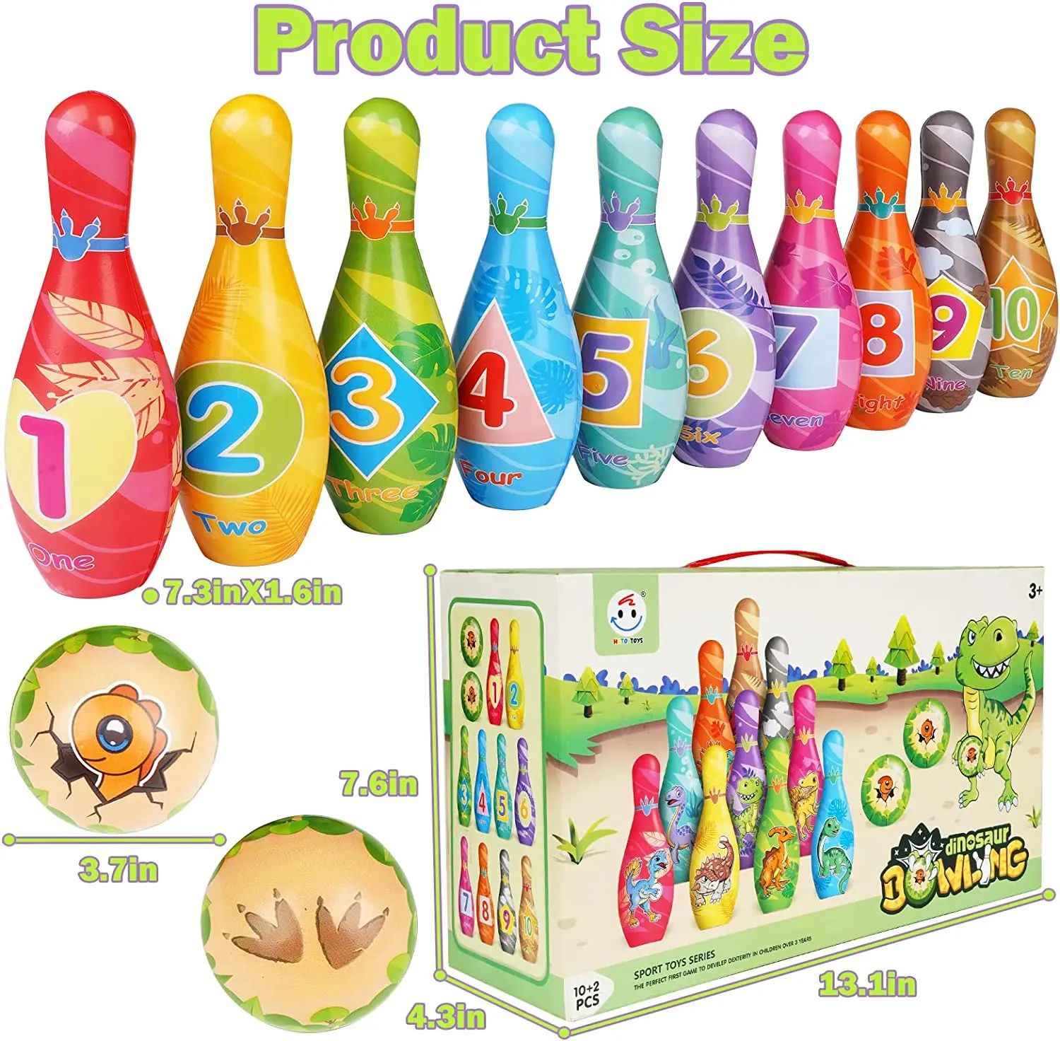 Indoor Outdoor Soft PU Foam 10 Pins and 2 Ball with Number for Kids Dinosaur Bowling Toys Set