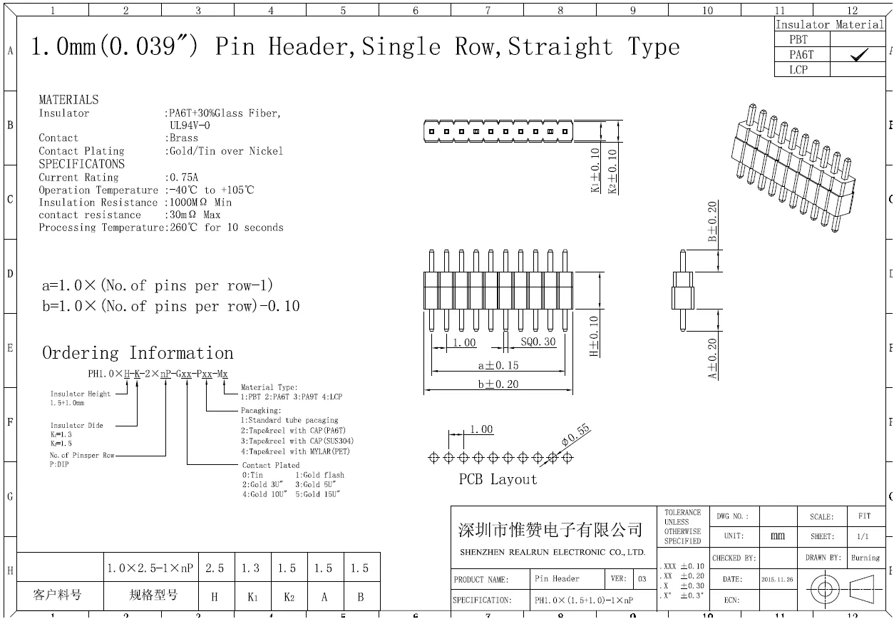 1.0 Mm Header Dual Rows Pin and Plastic PCB Connector 1.27 2.54 Female Male Pin Header