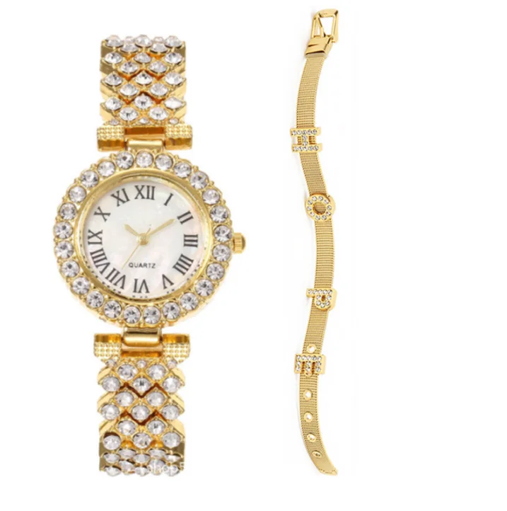 Ladies Quartz Watches Rose Gold Luxury 2pcs Set Glass Women 18K Gold Plated Latest Alloy Round Fashion Jewelry Watches Women